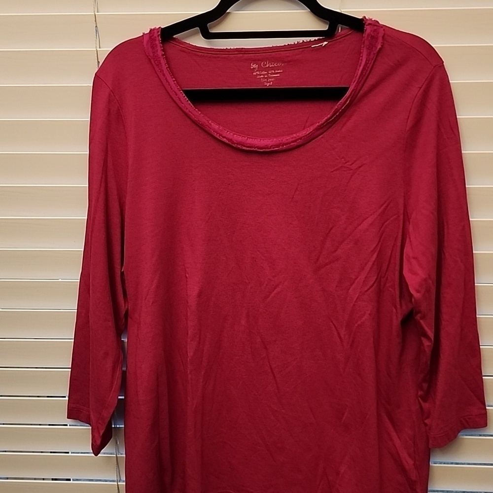 Chicos Dark Pink 3/4 Sleeve Tee with collared ruffle sz 3 (XL)
